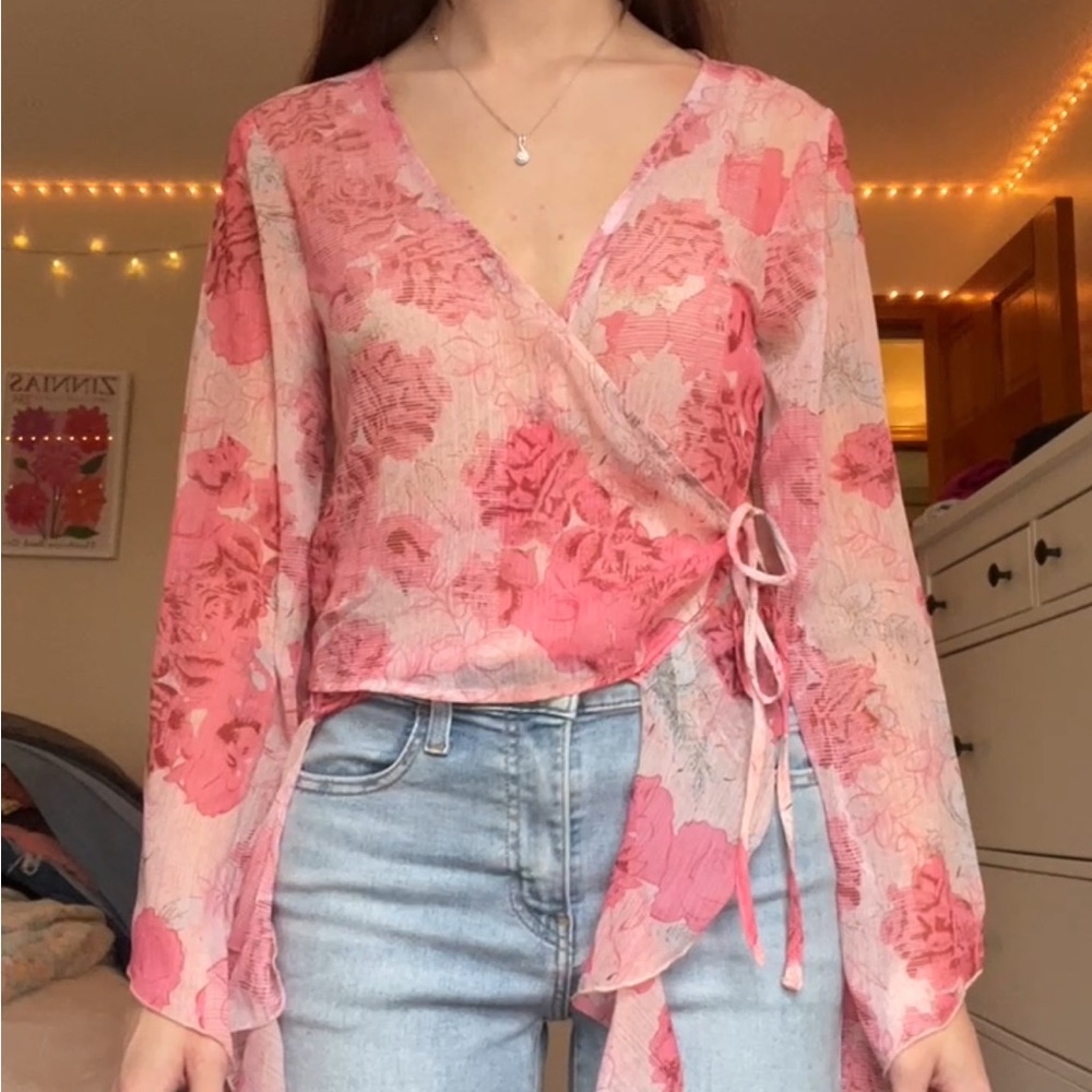Urban Outfitters Pink Floral Wrap Blouse